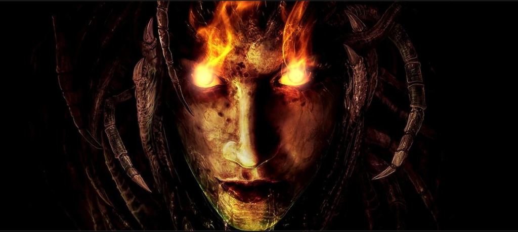 Representação de Azazel, com olhos amarelos de fogo e uns cornos que protegem a sua cabeça.