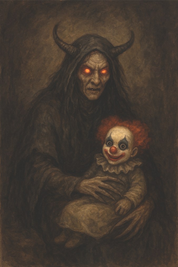 Maria da Manta carrega o Clowndoll em não, a sua arma para atrair crianças.